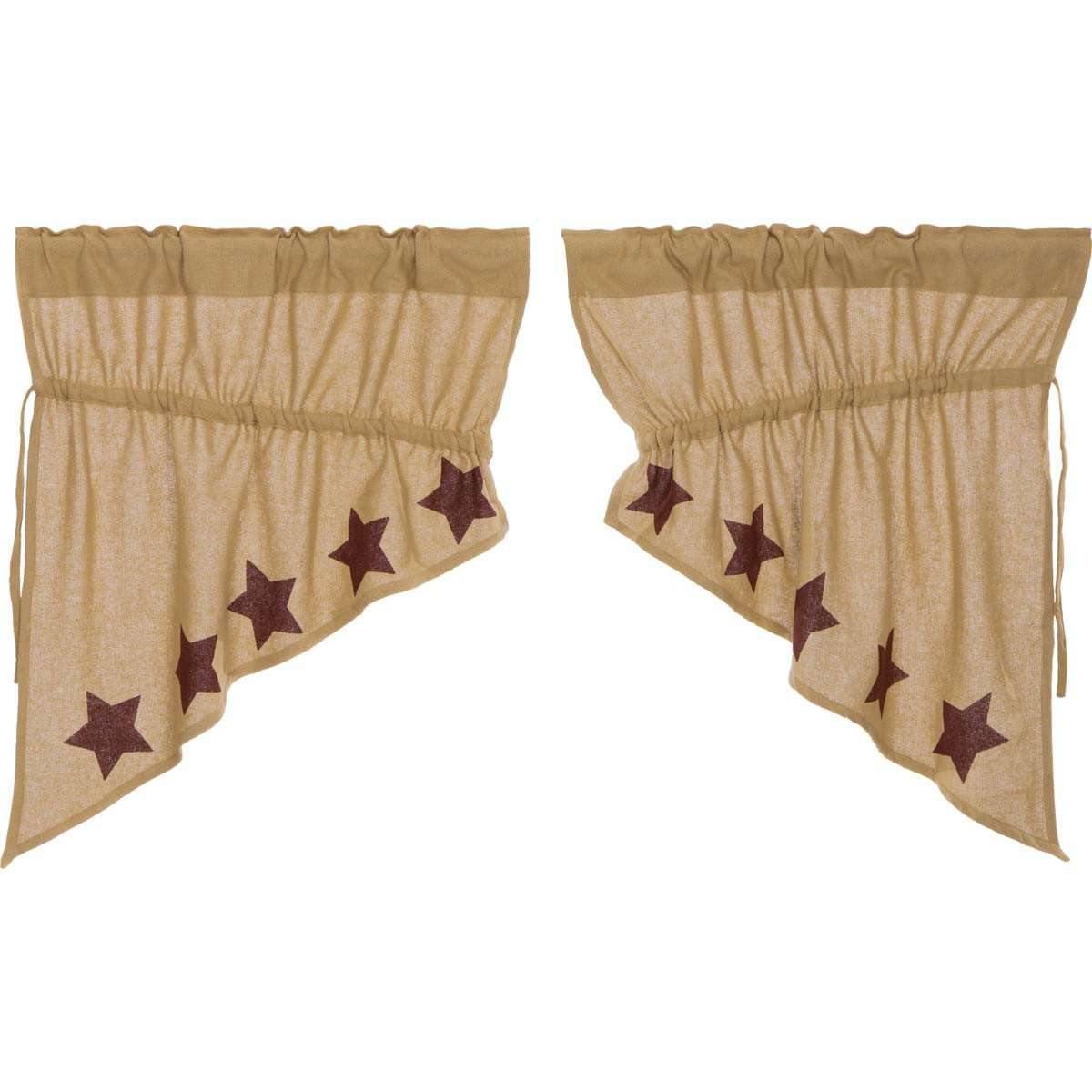 Burlap w/Burgundy Stencil Stars Prairie Swag Curtain Set of 2 36x36x18 VHC Brands - The Fox Decor