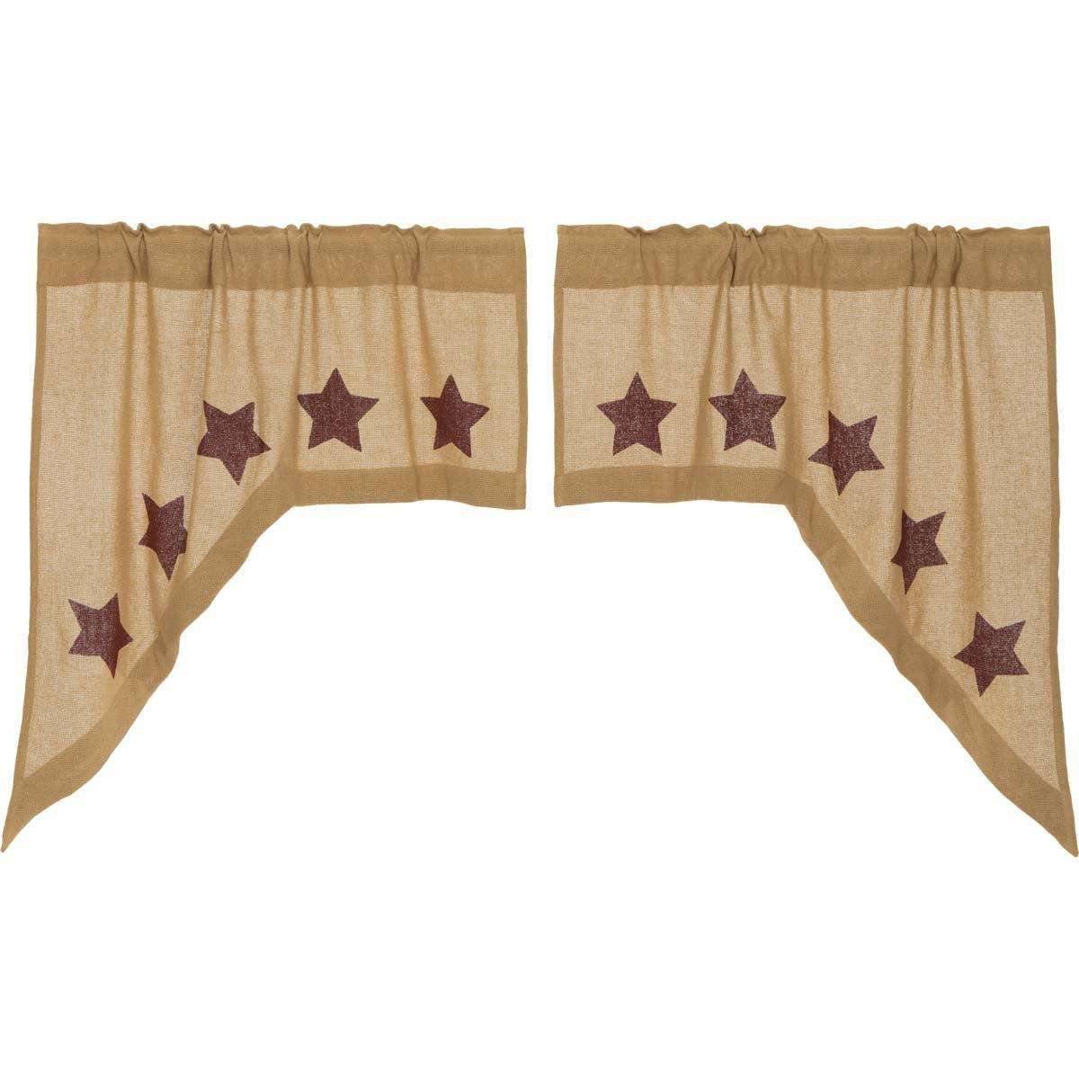Burlap w/Burgundy Stencil Stars Swag Curtain Set of 2 36x36x16 - The Fox Decor