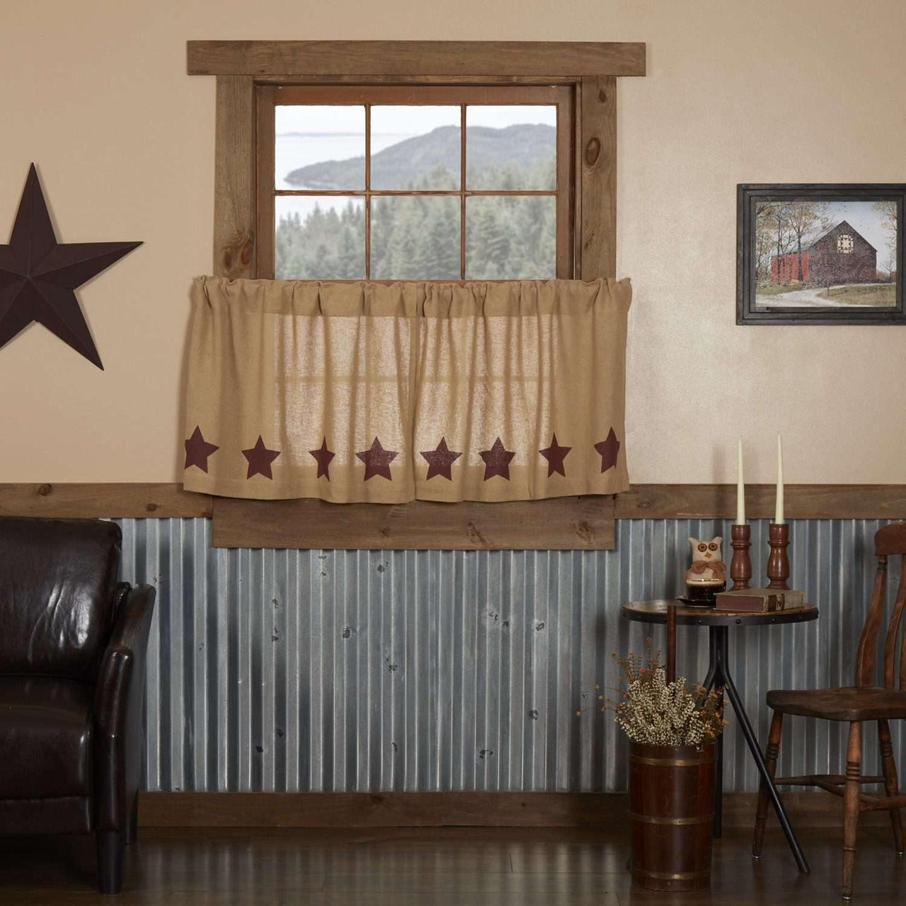Burlap w/Burgundy Stencil Stars Tier Curtain Set of 2 L24xW36 - The Fox Decor