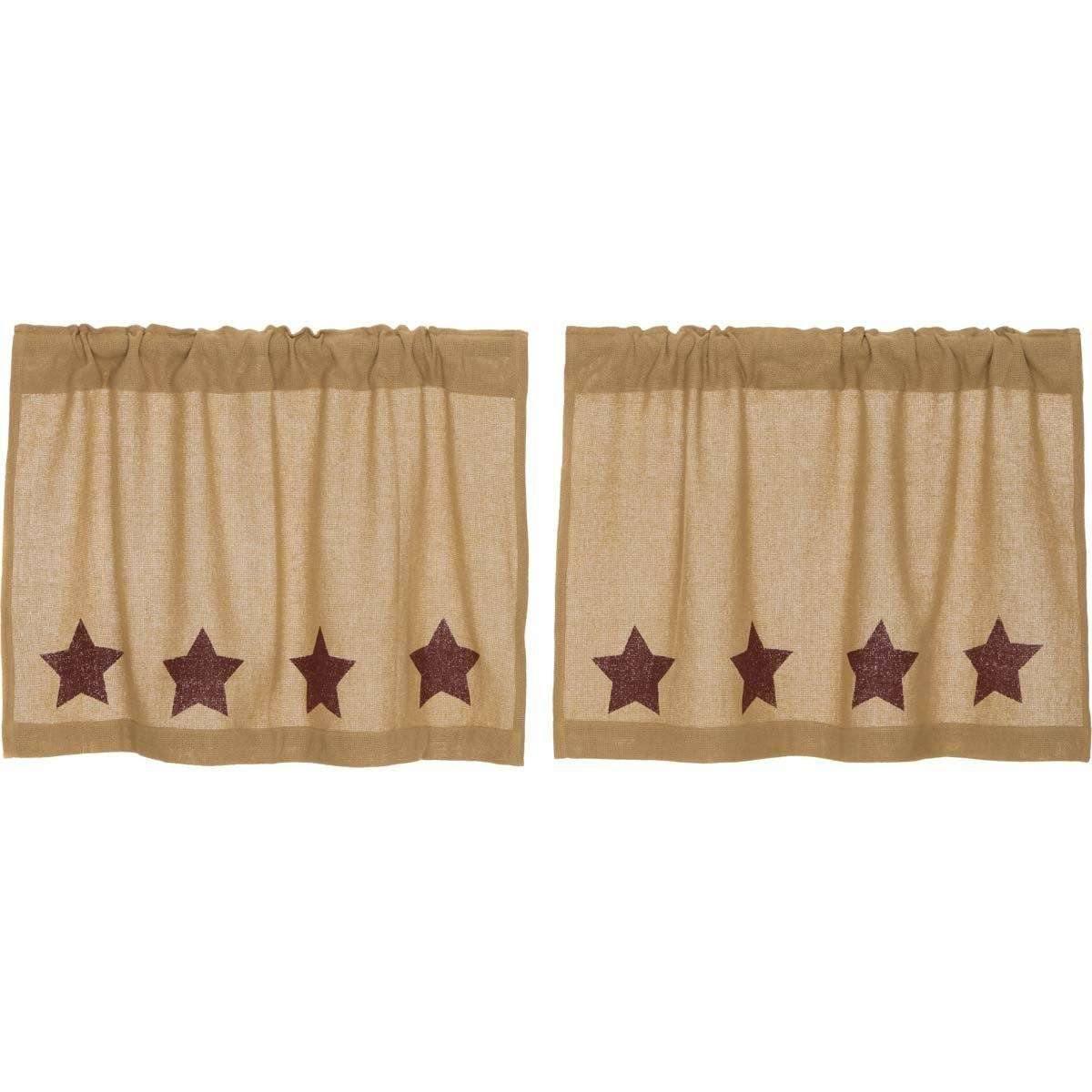 Burlap w/Burgundy Stencil Stars Tier Curtain Set of 2 L24xW36 - The Fox Decor