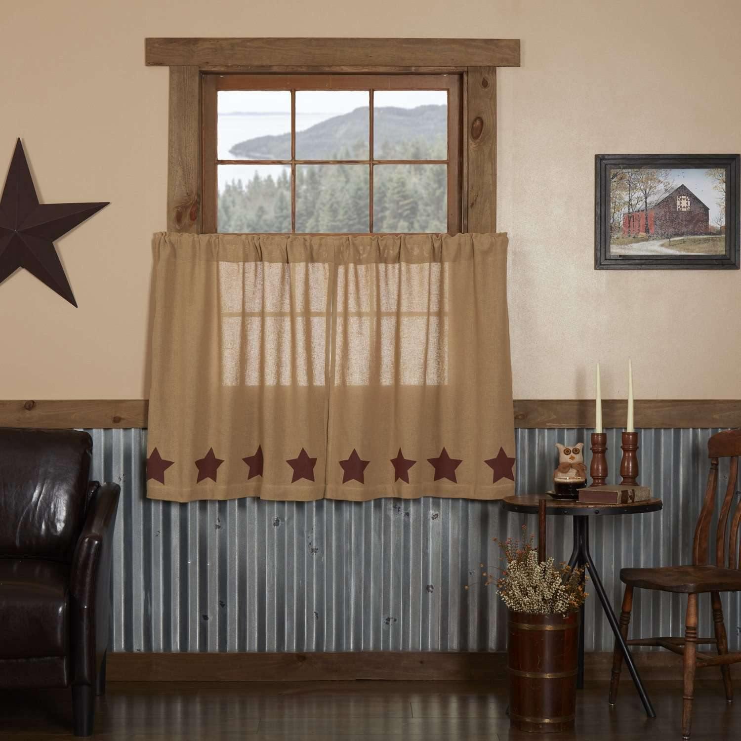 Burlap w/Burgundy Stencil Stars Tier Curtain Set of 2 L36xW36 - The Fox Decor