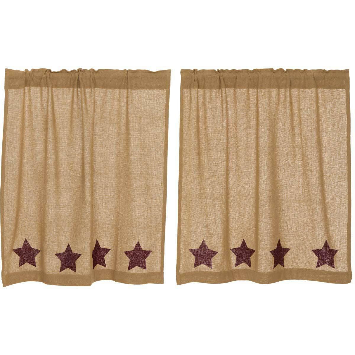 Burlap w/Burgundy Stencil Stars Tier Curtain Set of 2 L36xW36 - The Fox Decor