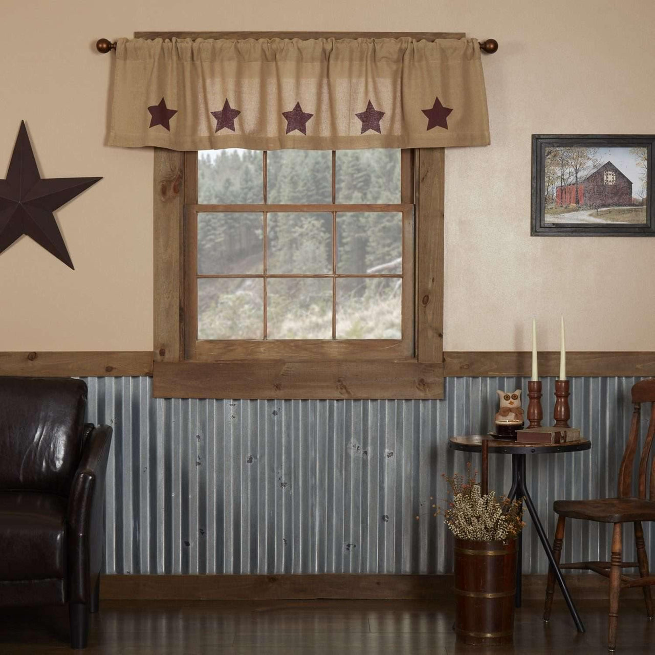 Burlap w/Burgundy Stencil Stars Valance 16x72