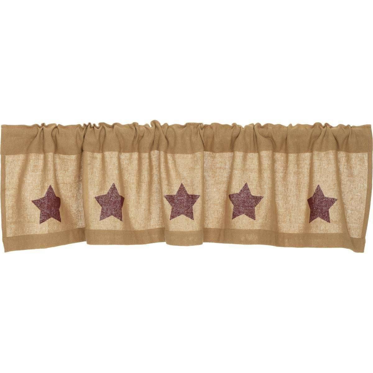 Burlap w/Burgundy Stencil Stars Valance Curtain 16x72 - The Fox Decor