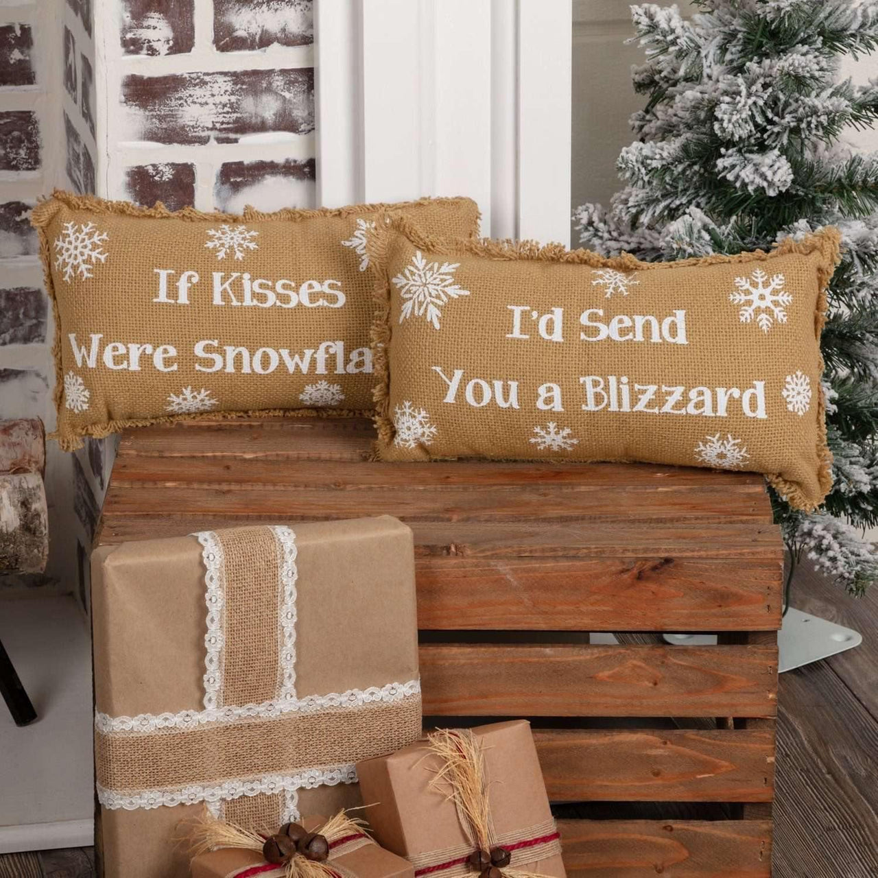 Snowflake Burlap Pillow If Kisses..Snowflakes Set of 2 7x13