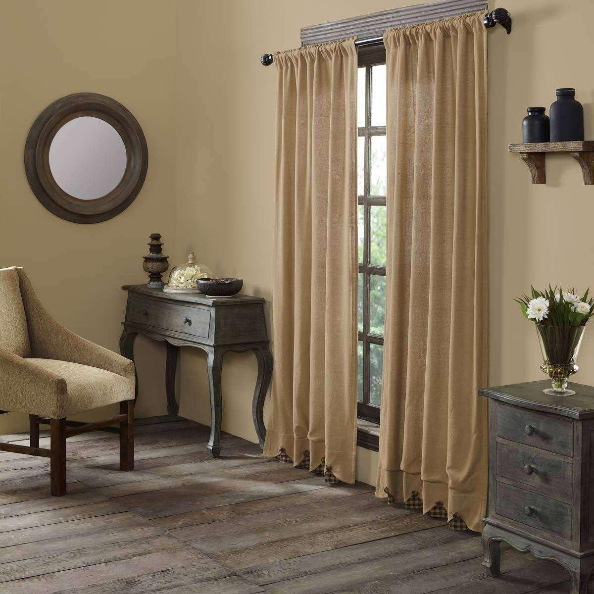 Burlap w/Green Check Scalloped Panel Curtain Set of 2 84x40 VHC Brands - The Fox Decor