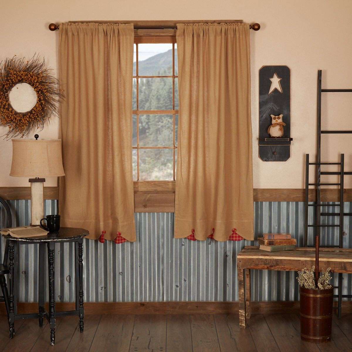 Burlap w/Red Check Scalloped Short Panel Curtain Set of 2 63