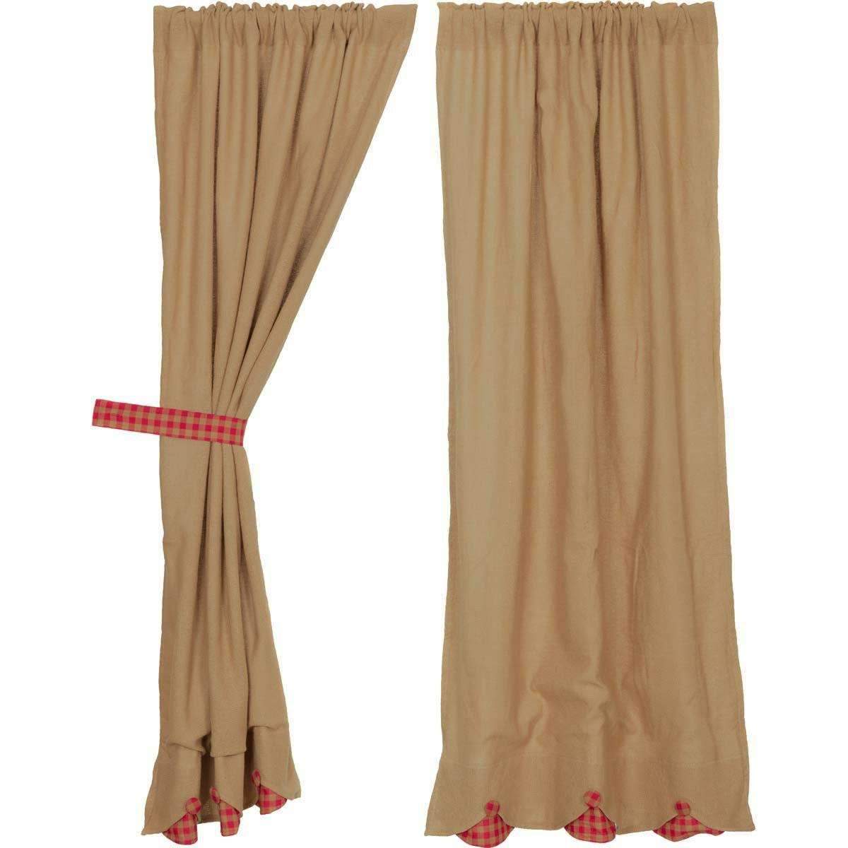 Burlap w/Red Check Scalloped Short Panel Curtain Set of 2 63