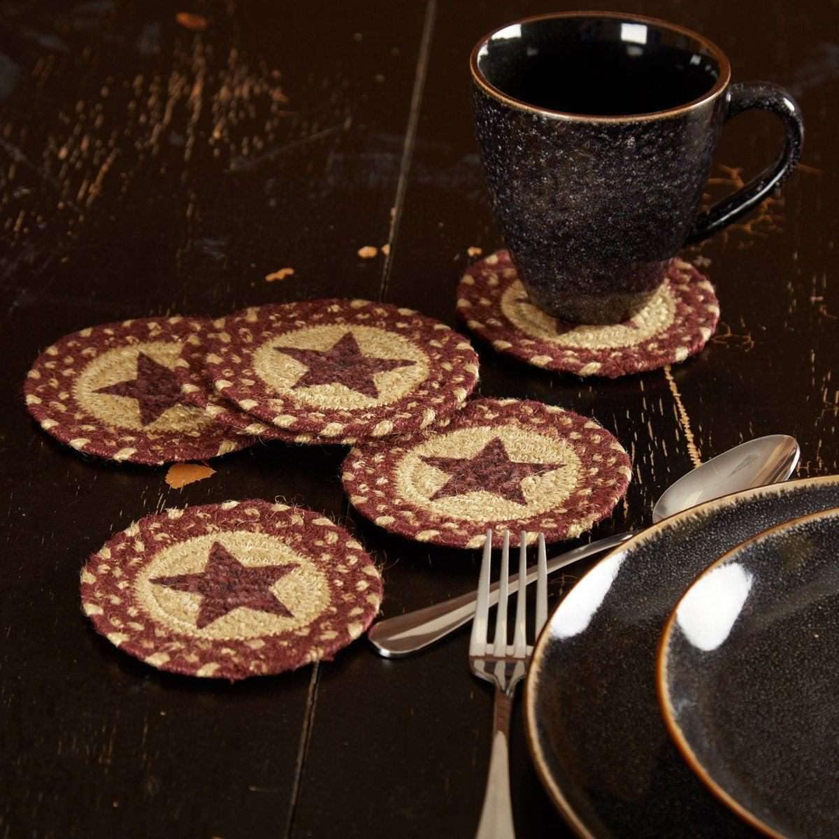 Burgundy Tan Jute Coaster Stencil Star Set of 6 VHC Brands - The Fox Decor
