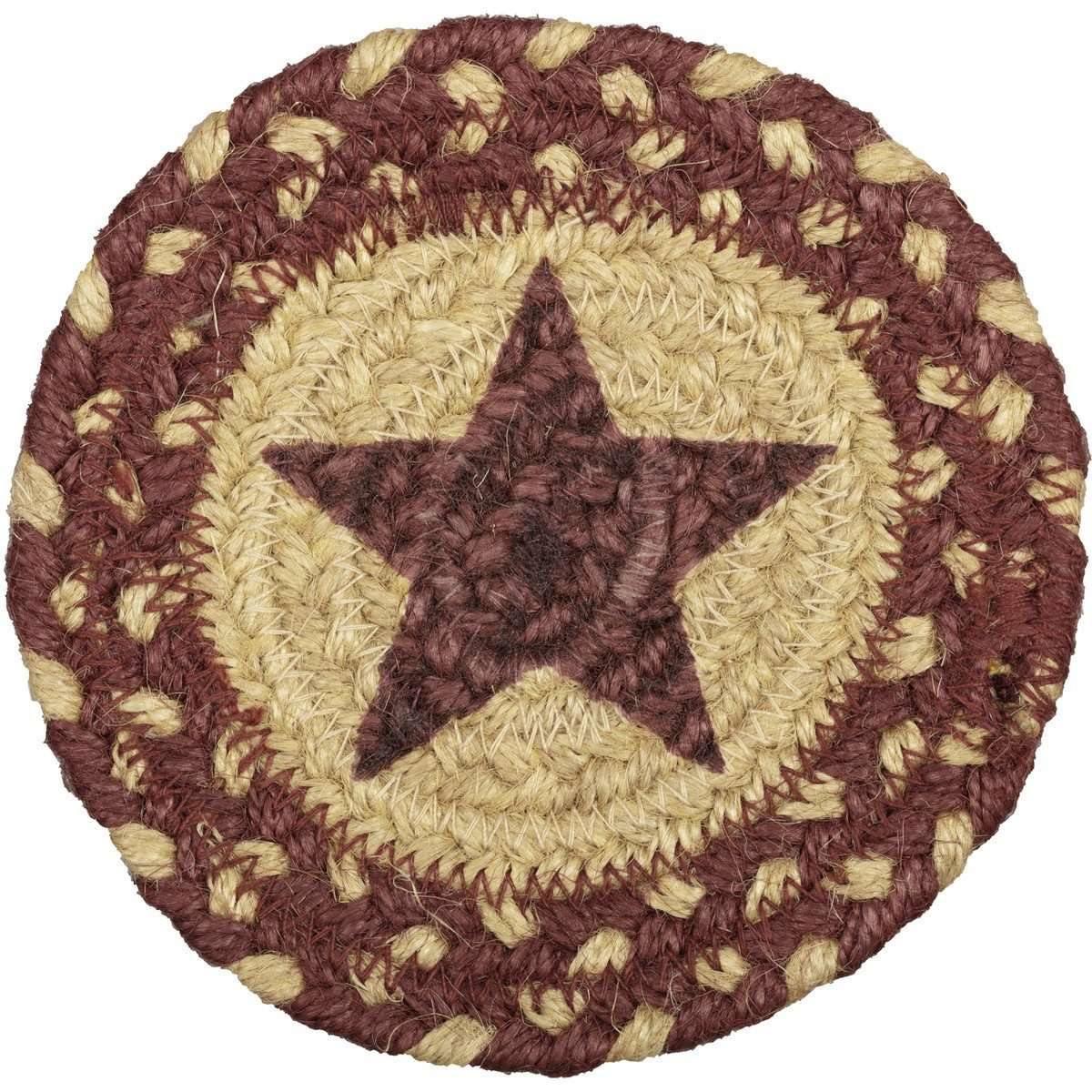 Burgundy Tan Jute Coaster Stencil Star Set of 6 VHC Brands - The Fox Decor