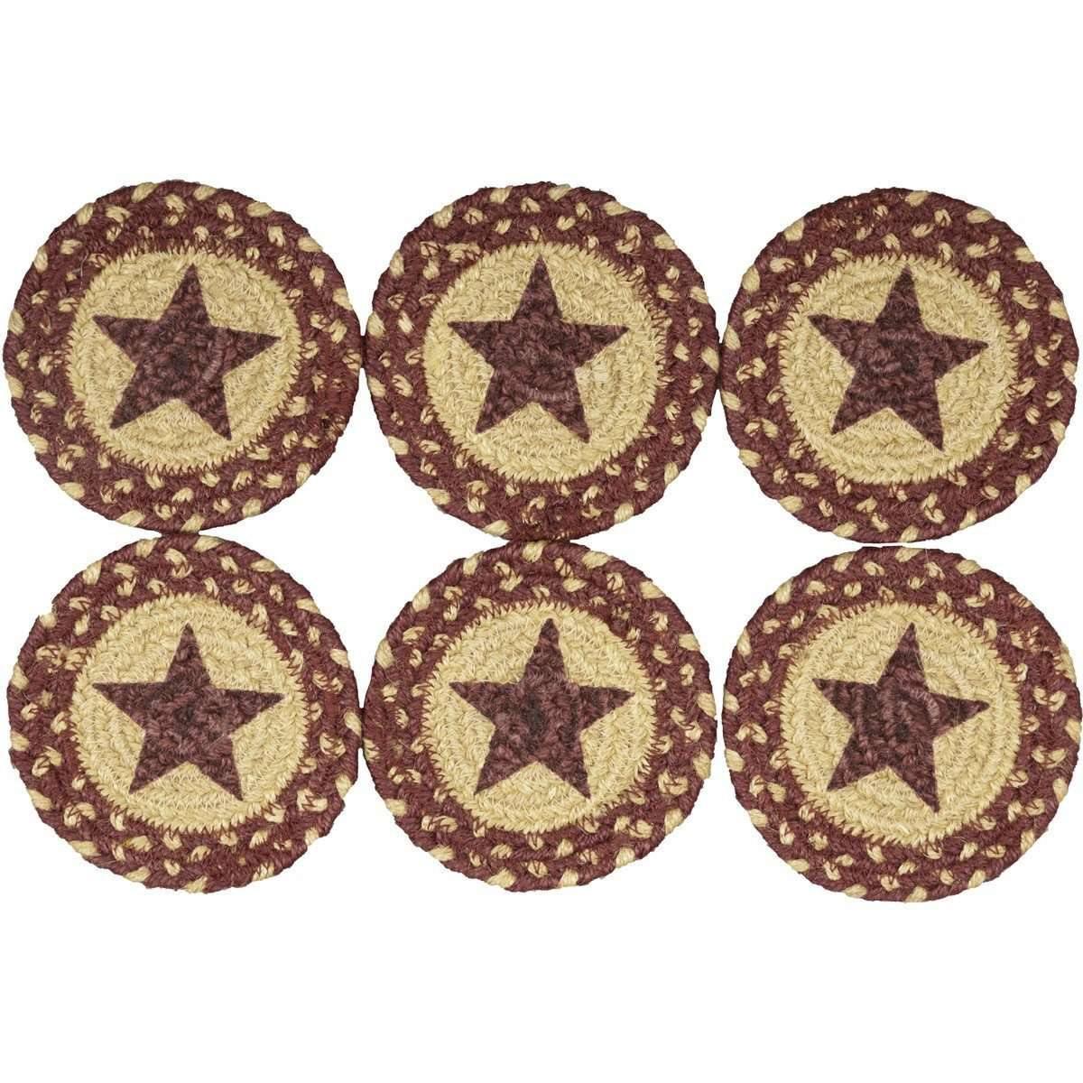 Burgundy Tan Jute Coaster Stencil Star Set of 6 VHC Brands - The Fox Decor