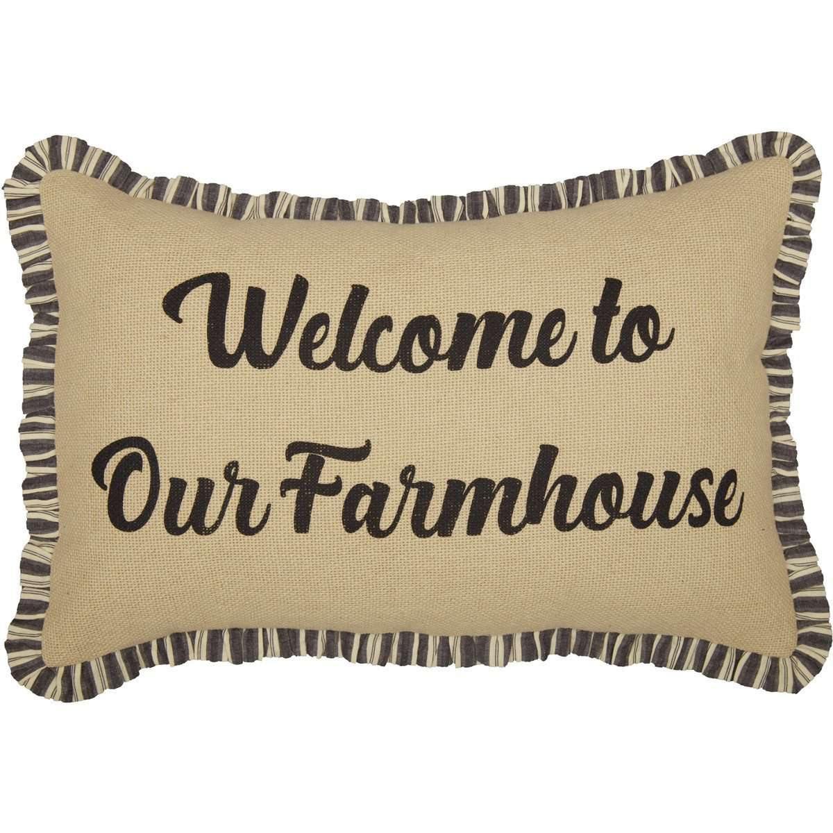 Ashmont Burlap Vintage Welcome to Our Farmhouse Pillow 14x22 VHC Brands front