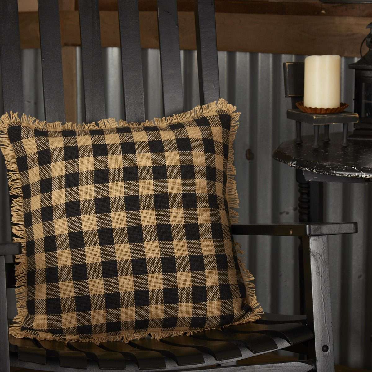 Burlap Black Check Pillow 18" Raven, Natural VHC Brands - The Fox Decor