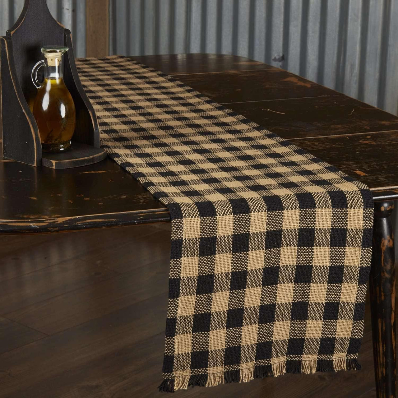 Burlap Black Check Runner Fringed 13x72 VHC Brands - The Fox Decor