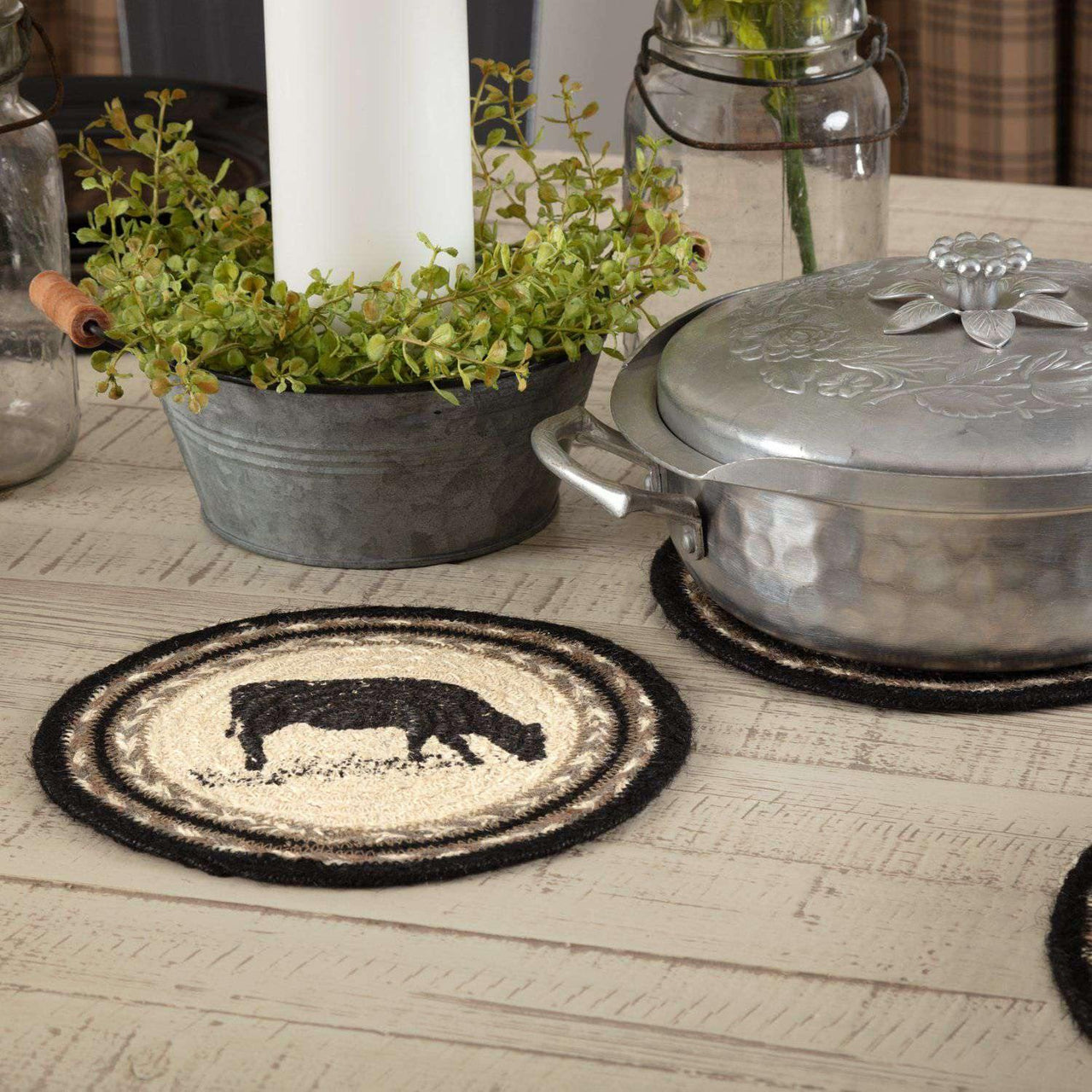 Sawyer Mill Charcoal Cow Jute Trivet 8" VHC Brands - The Fox Decor
