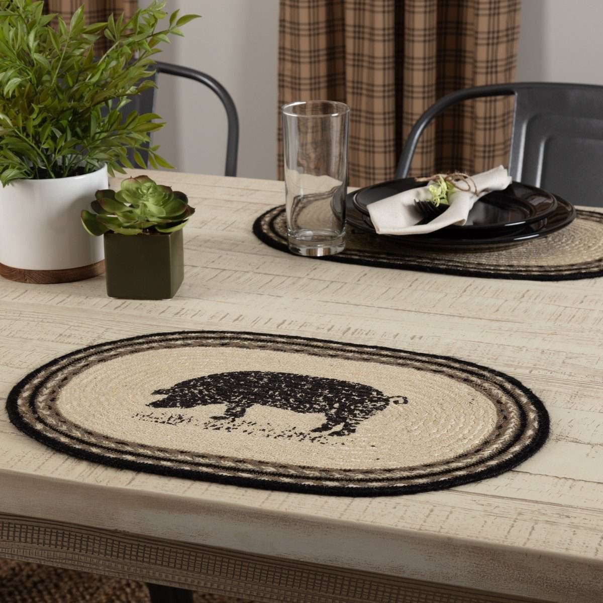 Sawyer Mill Charcoal Pig Jute Braided Placemat Set of 6 - The Fox Decor
