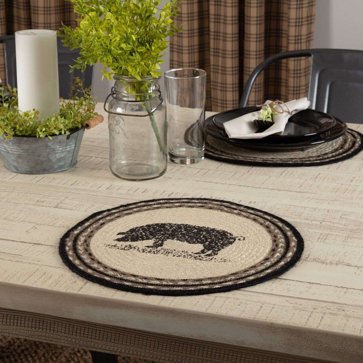 Sawyer Mill Charcoal Pig Jute Braided Placemat Round Set of 6 - The Fox Decor