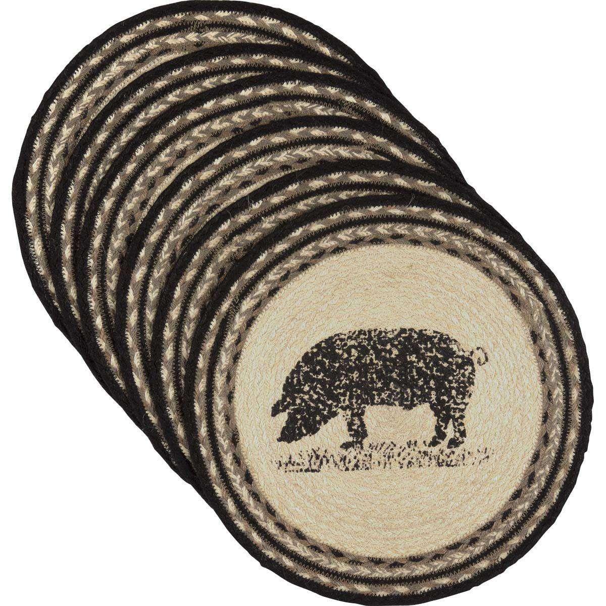 Sawyer Mill Charcoal Pig Jute Braided Placemat Round Set of 6 - The Fox Decor