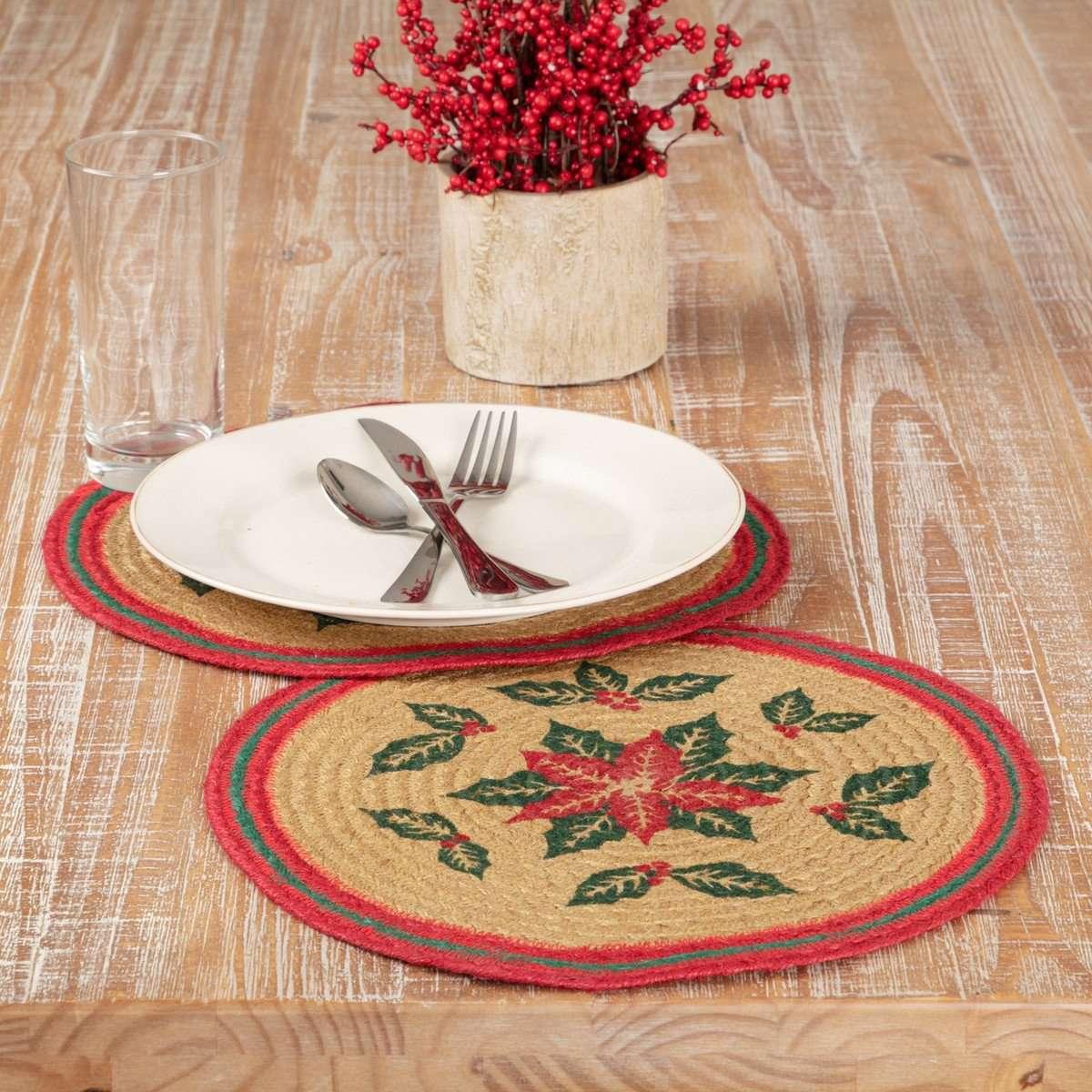 Poinsettia Jute Braided Placemat Round Set of 6 VHC Brands - The Fox Decor