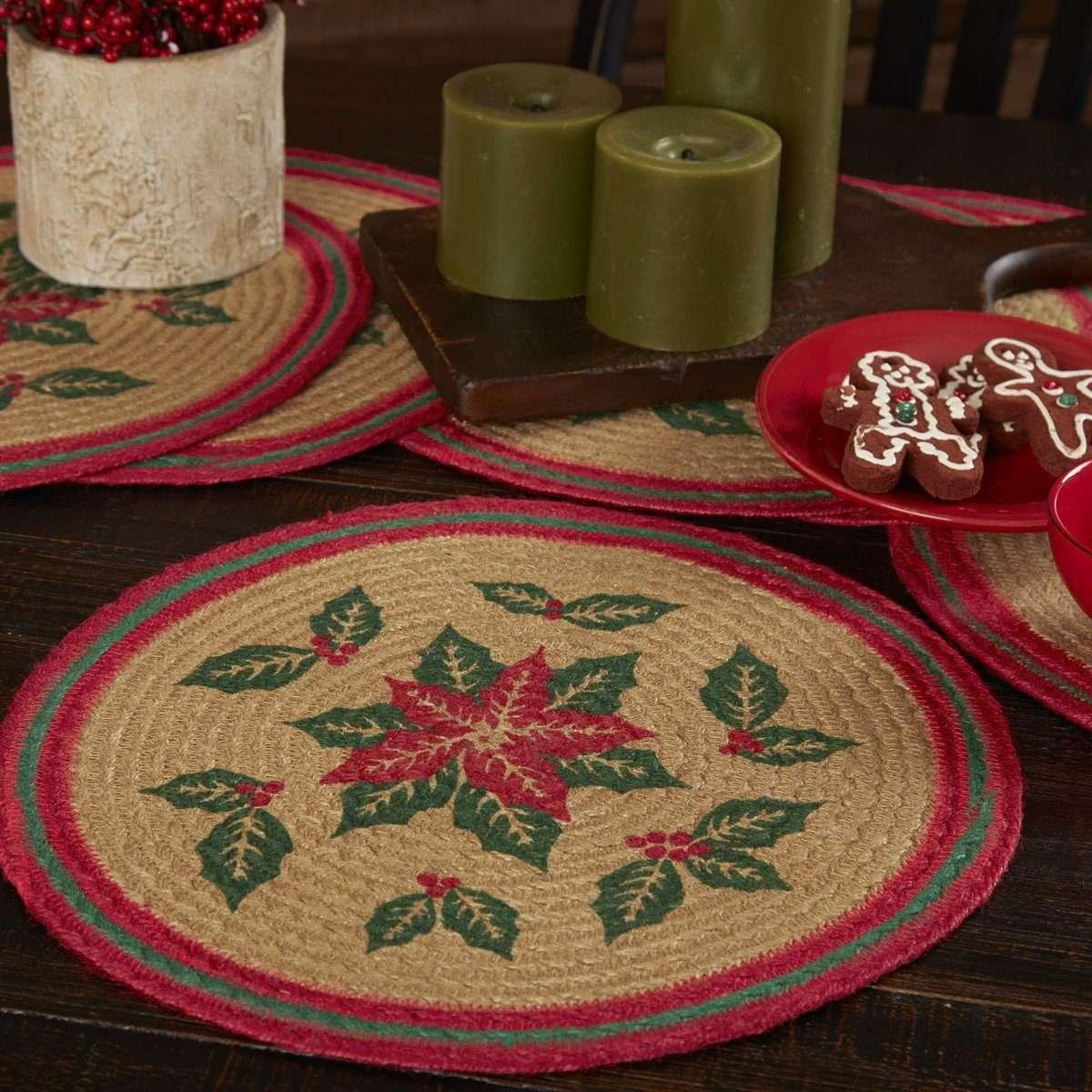 Poinsettia Jute Braided Placemat Round Set of 6 VHC Brands - The Fox Decor