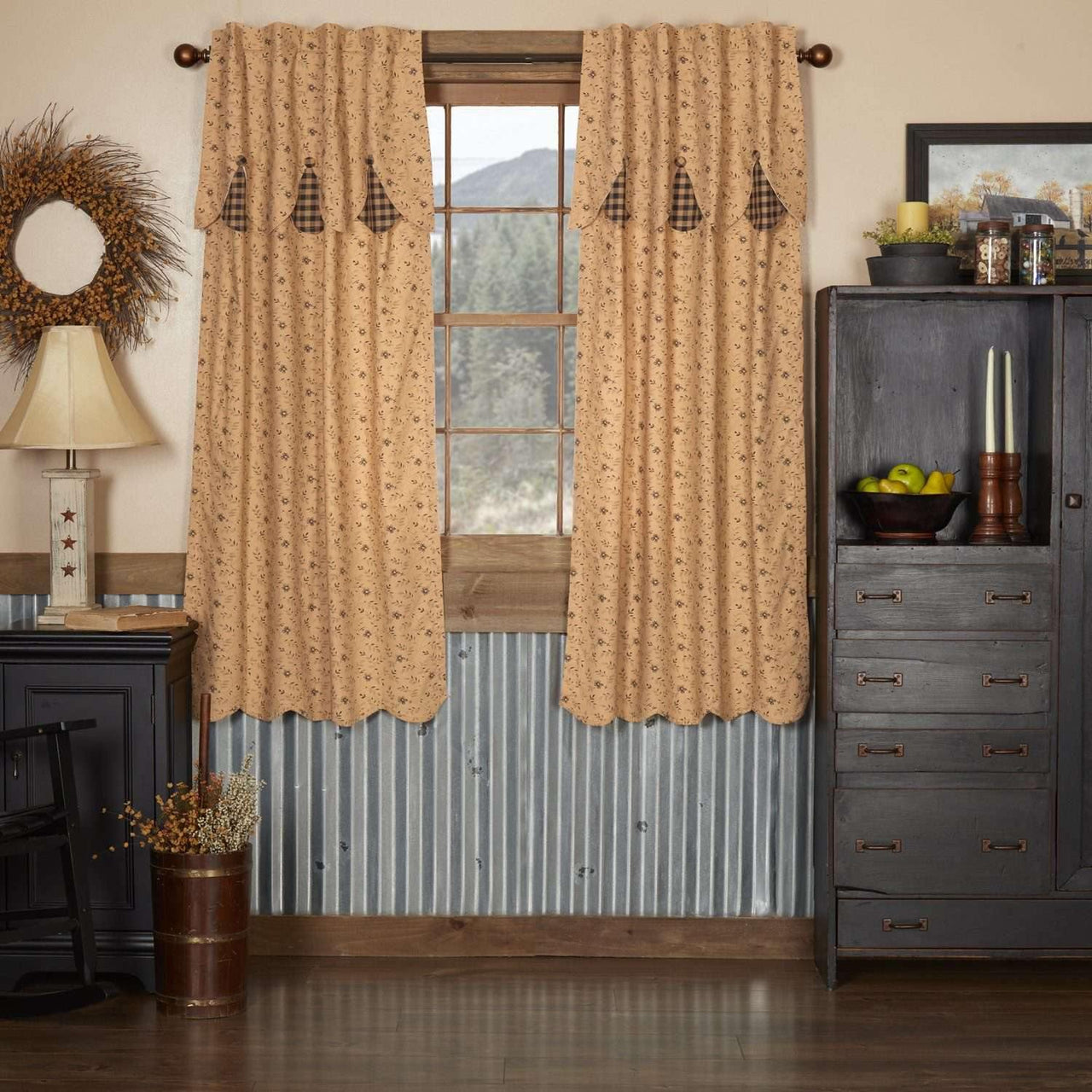 Maisie Short Panel Curtain Attached Scalloped Layered Valance Set of 2 63x36
