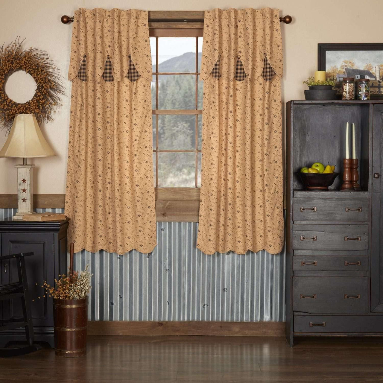 Maisie Short Panel Curtain Attached Scalloped Layered Valance Set of 2 63x36