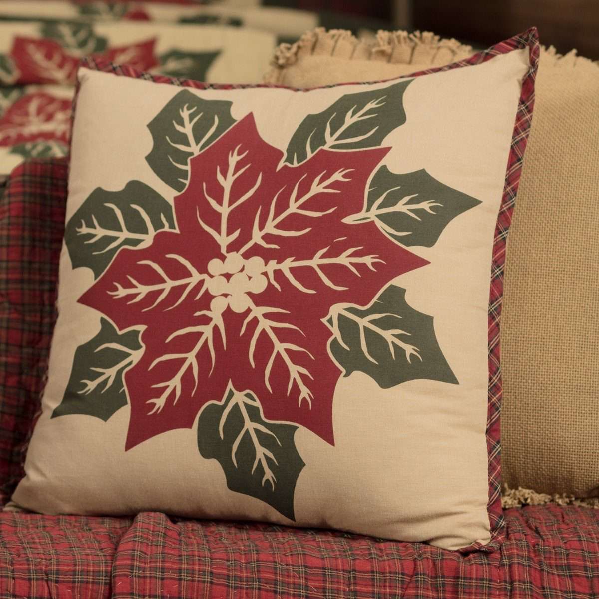 National Quilt Museum Poinsettia Block Pillow 18" Khaki, Poinsettia Red, Deep Green VHC Brands - The Fox Decor