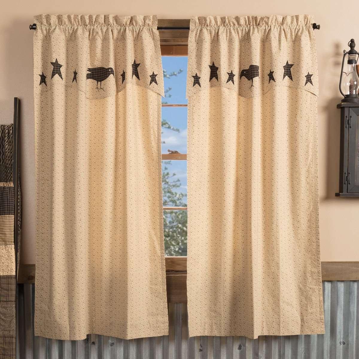 Kettle Grove Short Panel Curtain with Attached Applique Crow and Star Valance Set of 2 63x36 VHC Brands - The Fox Decor