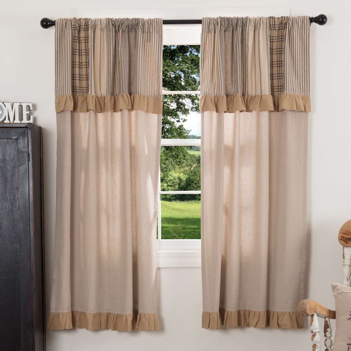 Sawyer Mill Charcoal Short Panel Curtain with Attached Patchwork Valance Set of 2 36"x63" - The Fox Decor
