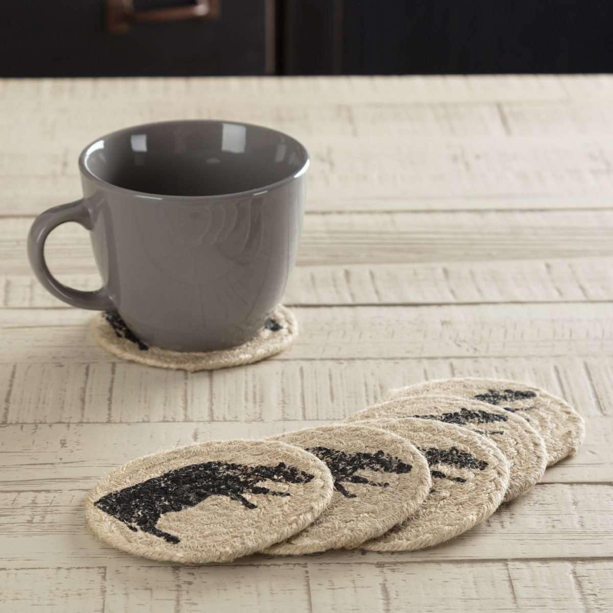 Sawyer Mill Charcoal Cow Jute Coaster Set of 6 VHC Brands
