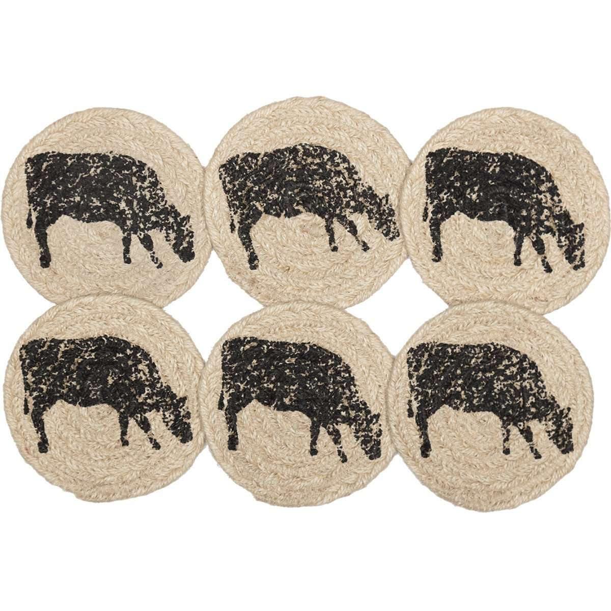 Sawyer Mill Charcoal Cow Jute Coaster Set of 6 VHC Brands