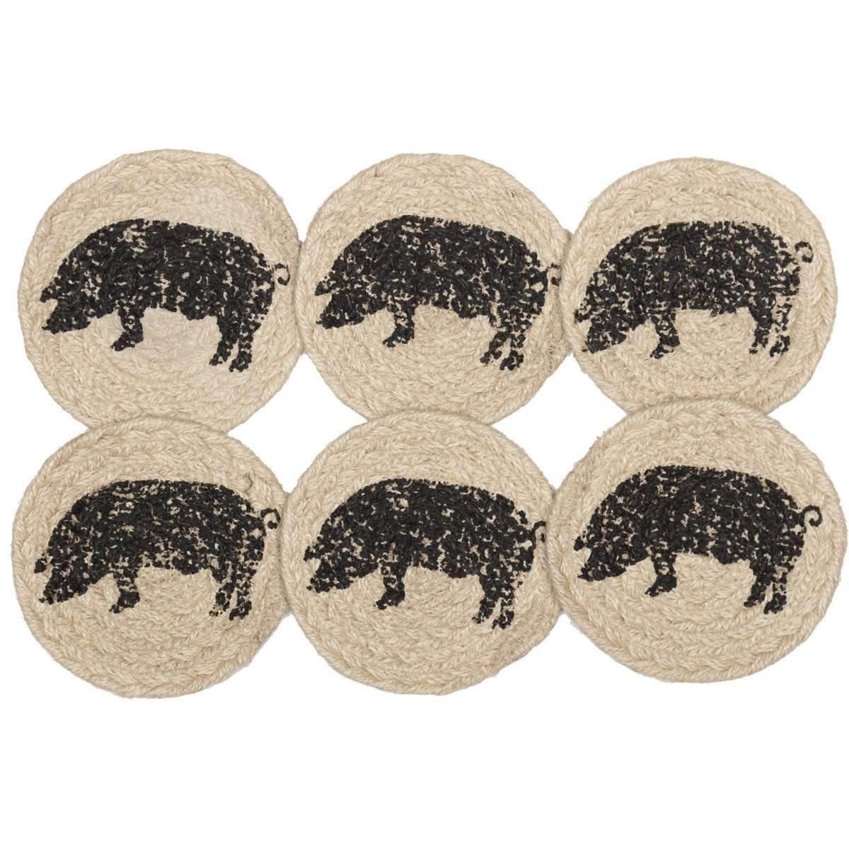 Sawyer Mill Charcoal Pig Jute Coaster Set of 6 VHC Brands