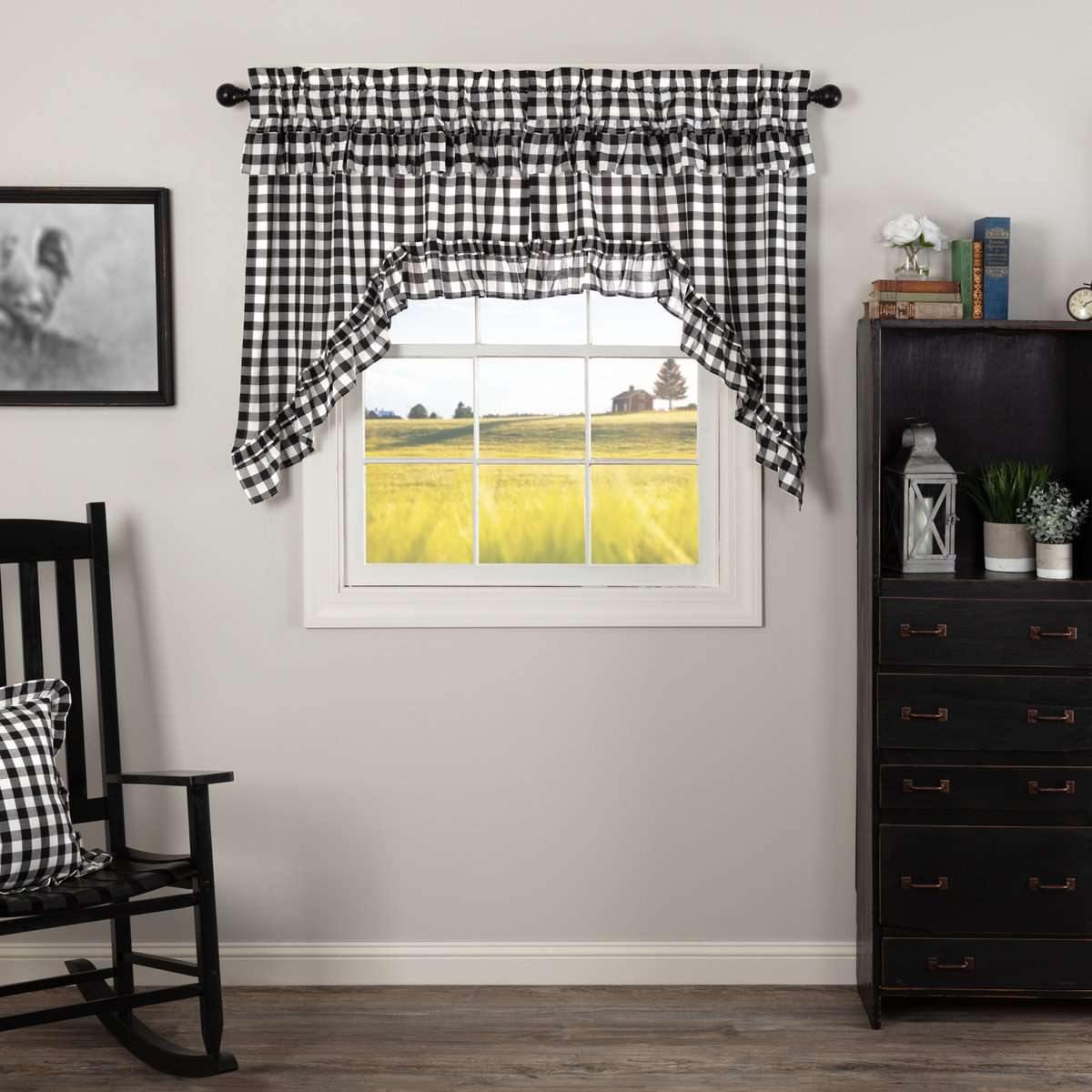 Annie Buffalo Black Check Ruffled Swag Curtain Set of 2 36x36x16 VHC Brands - The Fox Decor