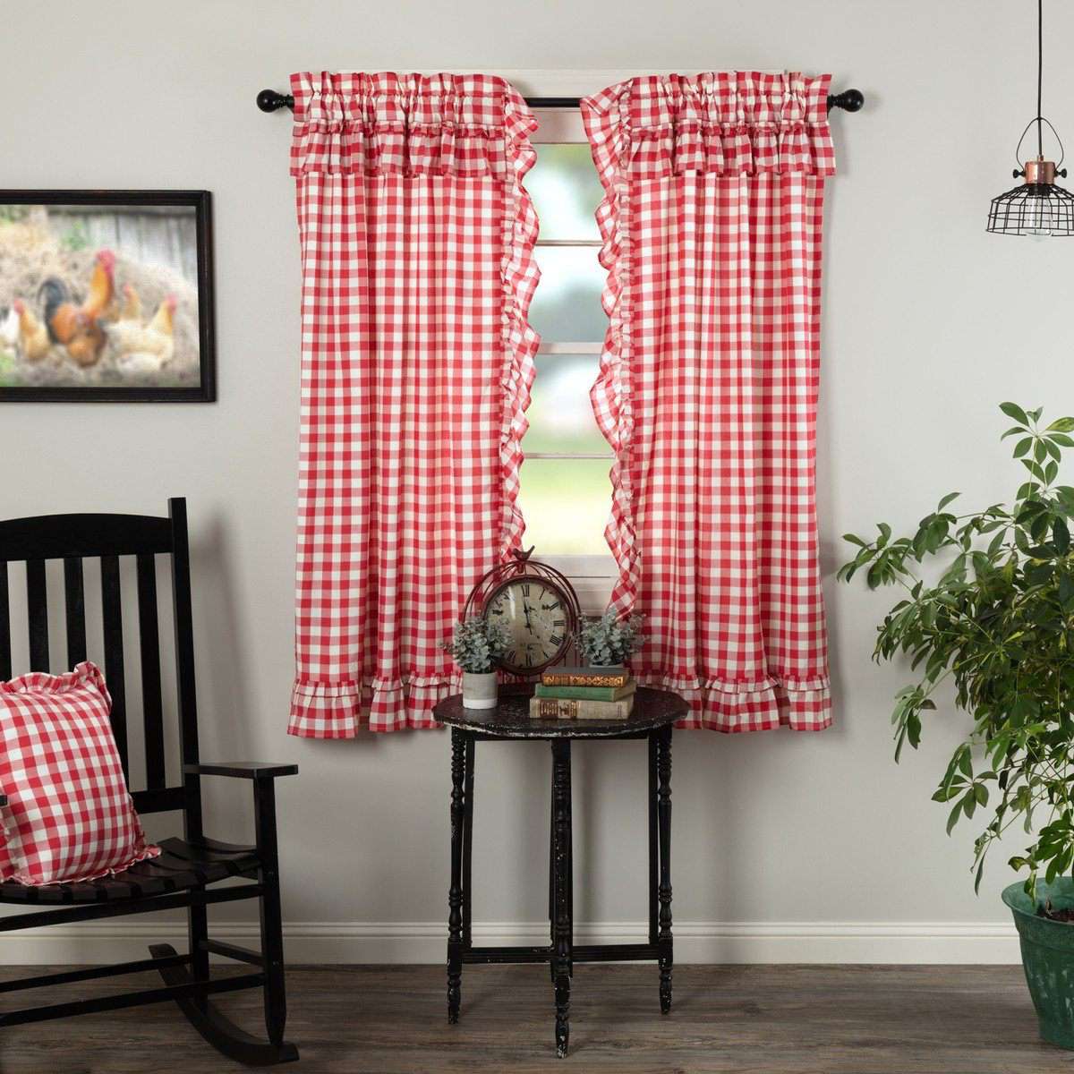 Annie Buffalo Red Check Ruffled Short Panel Curtain Set of 2 63"x36" VHC Brands - The Fox Decor