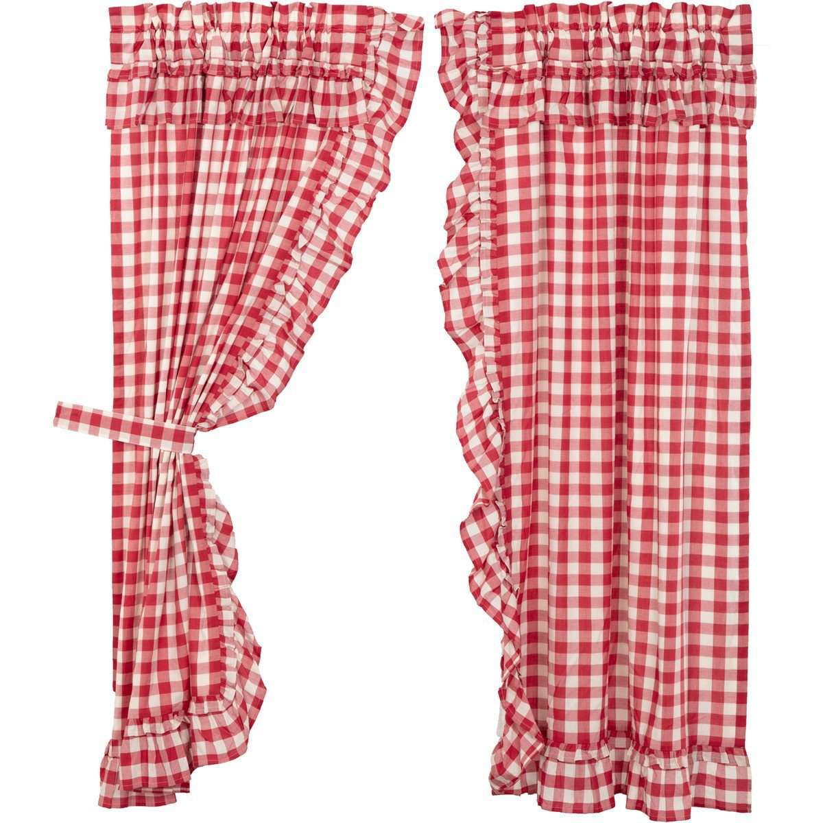 Annie Buffalo Red Check Ruffled Short Panel Curtain Set of 2 63"x36" VHC Brands - The Fox Decor