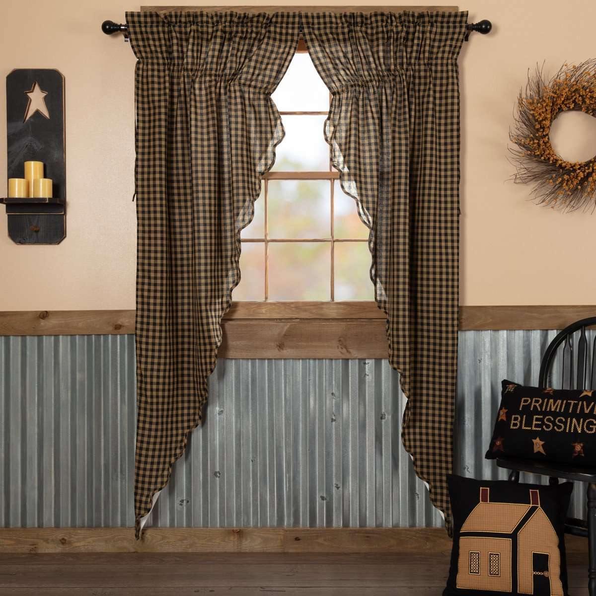 Black Check Scalloped Prairie Long Panel Curtain Set of 2 84x36x18 VHC Brands - The Fox Decor