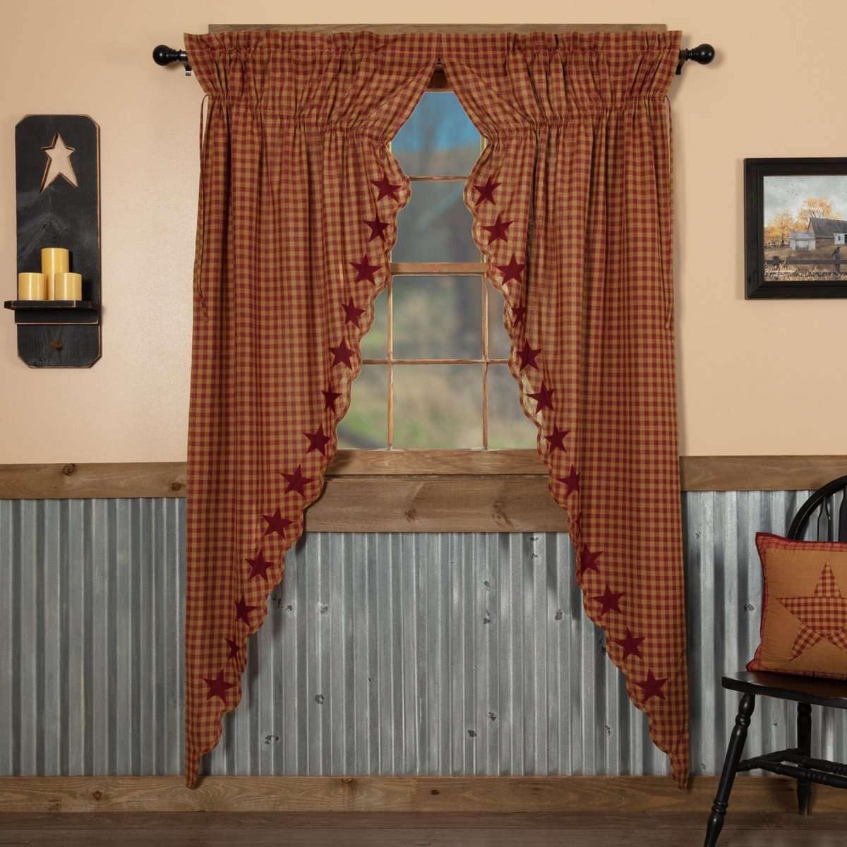 Burgundy Star Scalloped Prairie Long Panel Curtain Set of 2 84x36x18 VHC Brands - The Fox Decor