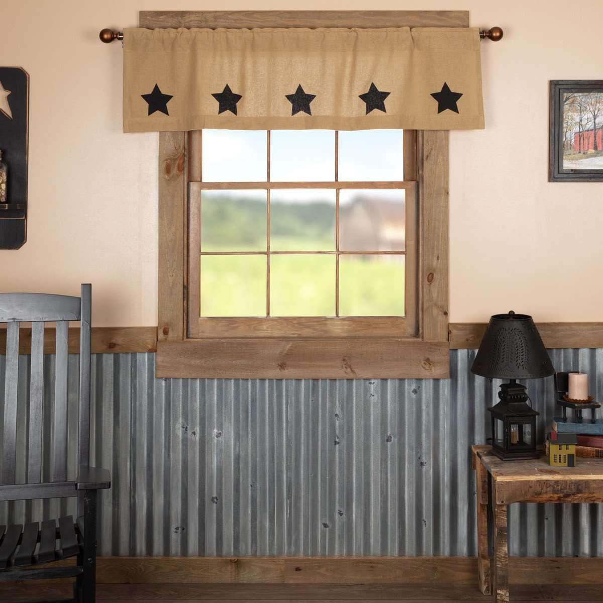 Burlap W/Black Stencil Stars Valance Curtain 16x60 VHC Brands - The Fox Decor