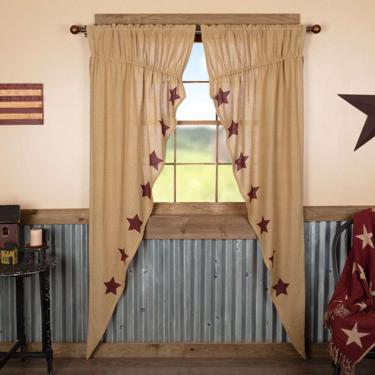 Burlap W/Burgundy Stencil Stars Prairie Long Panel Curtain Set of 2 - The Fox Decor