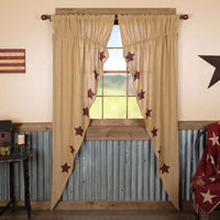Thumbnail for Burlap W/Burgundy Stencil Stars Prairie Long Panel Curtain Set of 2 - The Fox Decor