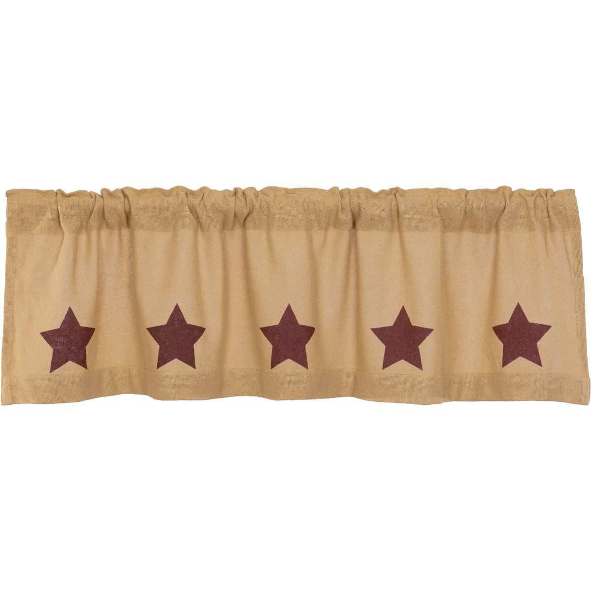 Burlap W/Burgundy Stencil Stars Valance Curtain 16x60 VHC Brands - The Fox Decor