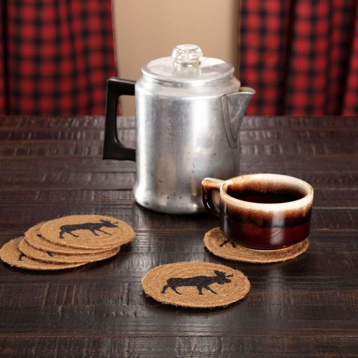 Cumberland Stenciled Moose Jute Coaster Set of 6 VHC Brands