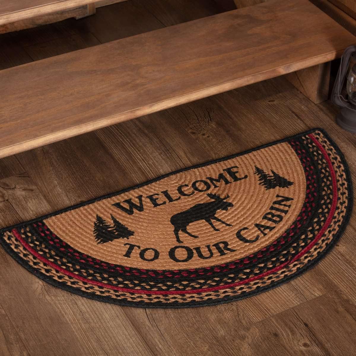 Cumberland Stenciled Moose Jute Rug Half Circle Welcome to the Cabin 16.5"x33" VHC Brands - The Fox Decor
