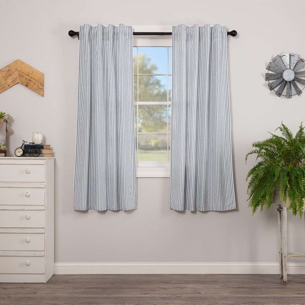 Sawyer Mill Blue Ticking Stripe Short Panel Curtain Set of 2 63"x36" - The Fox Decor