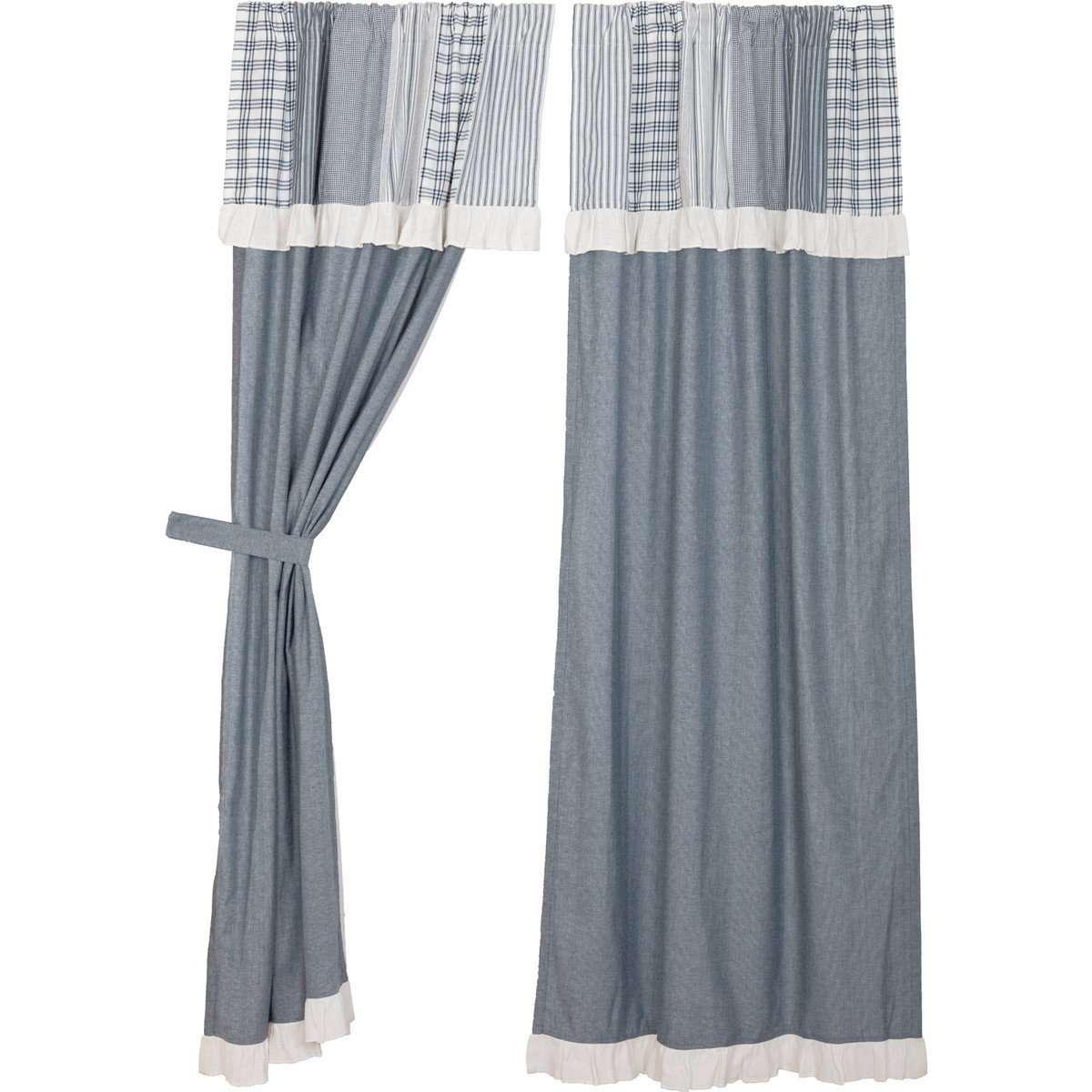 Sawyer Mill Charcoal/Blue/Red Panel Curtain with Attached Patchwork Valance Set of 2 84x40 - The Fox Decor
