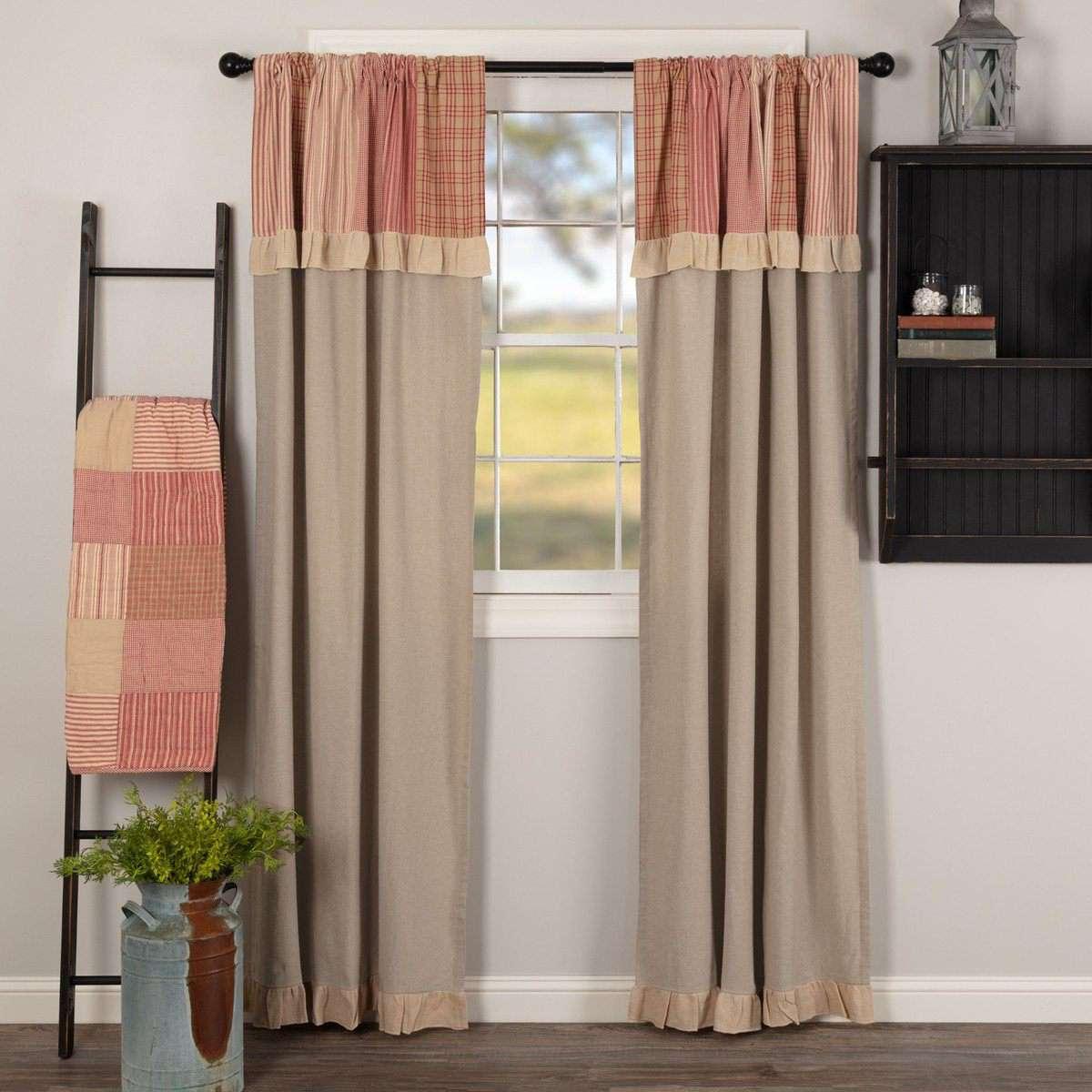 Sawyer Mill Charcoal/Blue/Red Panel Curtain with Attached Patchwork Valance Set of 2 84x40 - The Fox Decor