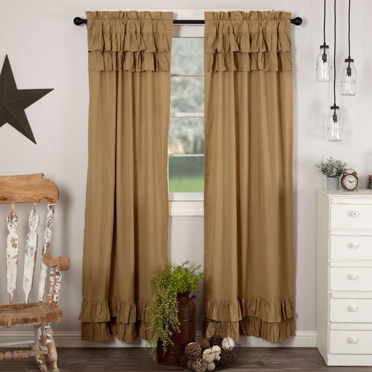 Simple Life Flax Khaki Ruffled Panel Country Curtain Set of 2 84"x40" - The Fox Decor