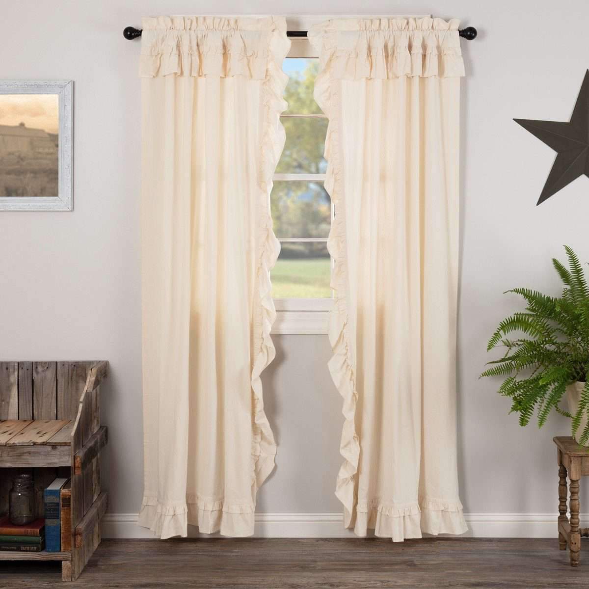 Muslin Ruffled Unbleached Natural Panel Curtain Set of 2 84"x40" VHC Brands - The Fox Decor