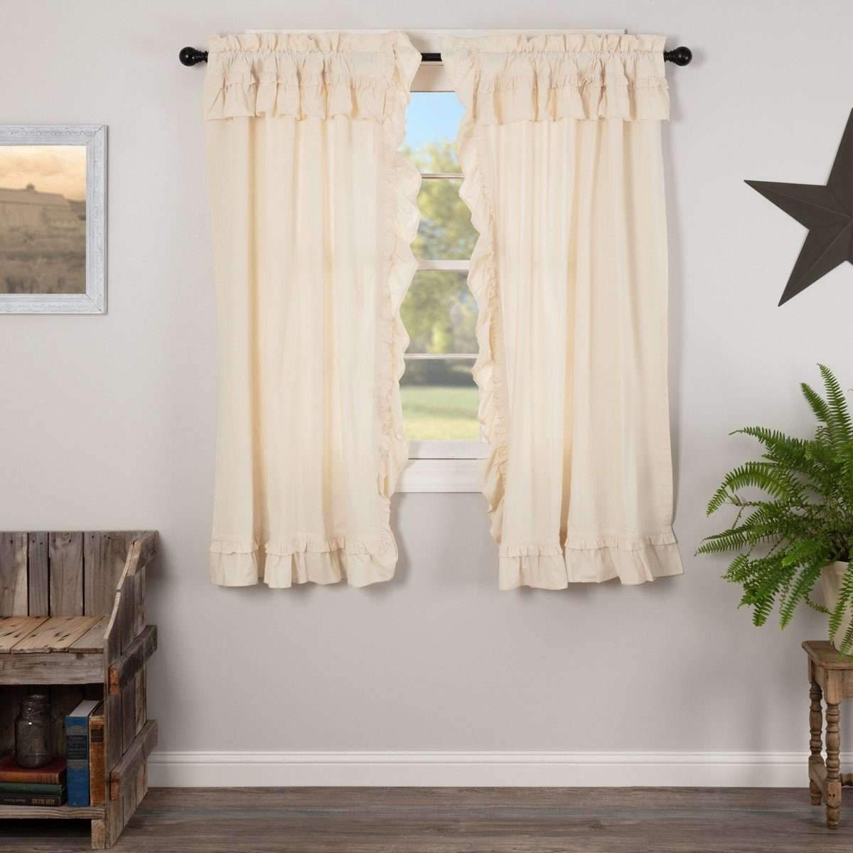Muslin Ruffled Unbleached Natural Short Panel Curtain Set of 2 63"x36" VHC Brands - The Fox Decor