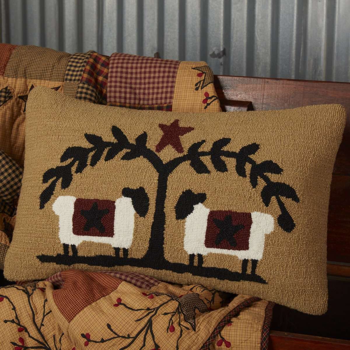 Heritage Farms Sheep and Star Hooked Pillow 14"x22" - The Fox Decor